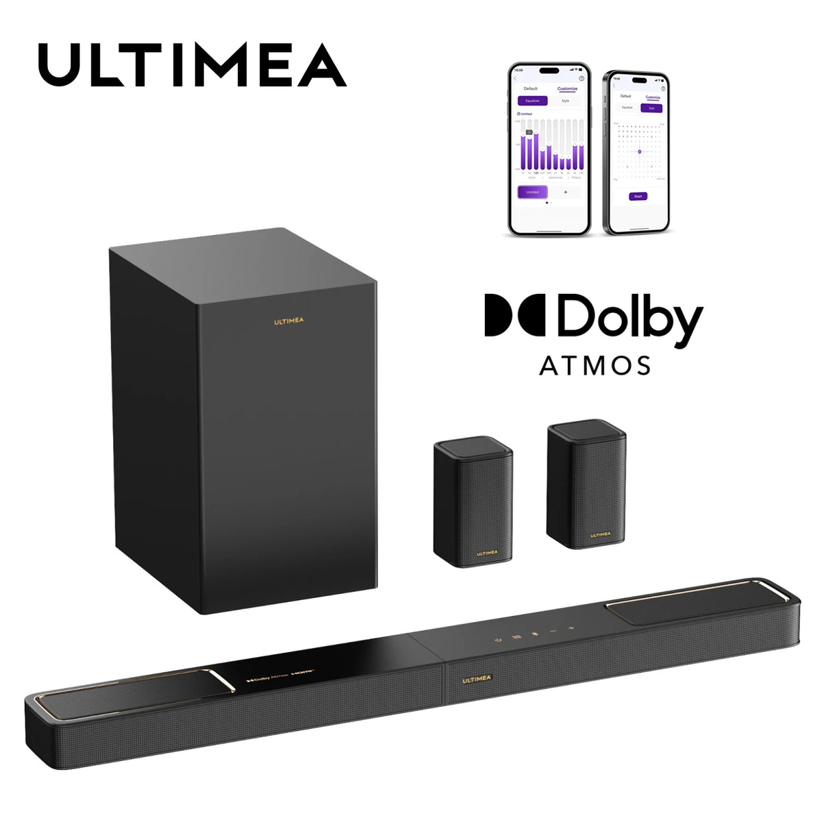 Conjunto de barra de sonido negra, subwoofer y dos altavoces, con Dolby Atmos.