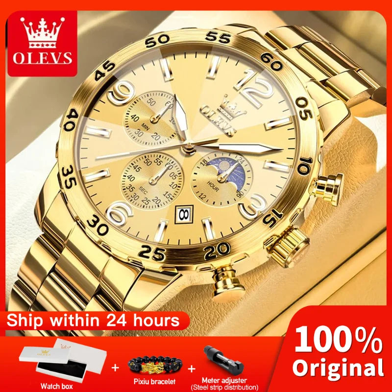 OLEVS 3678 Mens Watch Original Stainless Steel Quartz Watch Waterproof Luminous Moon Phase Watch Automatic Date Mens Gifts Reloj
