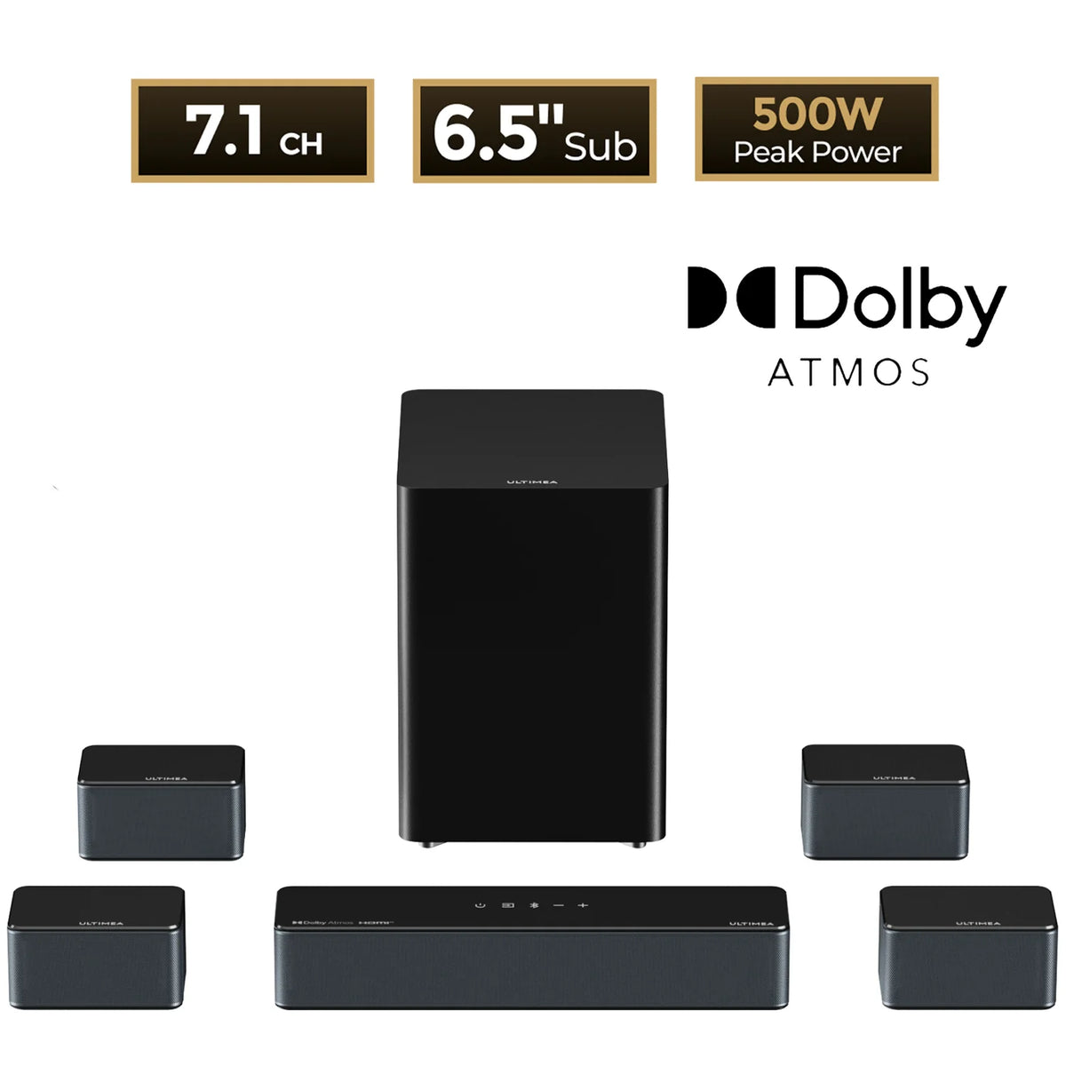 Set 7.1: barra de sonido, subwoofer de 6.5" y 4 altavoces satélite negros