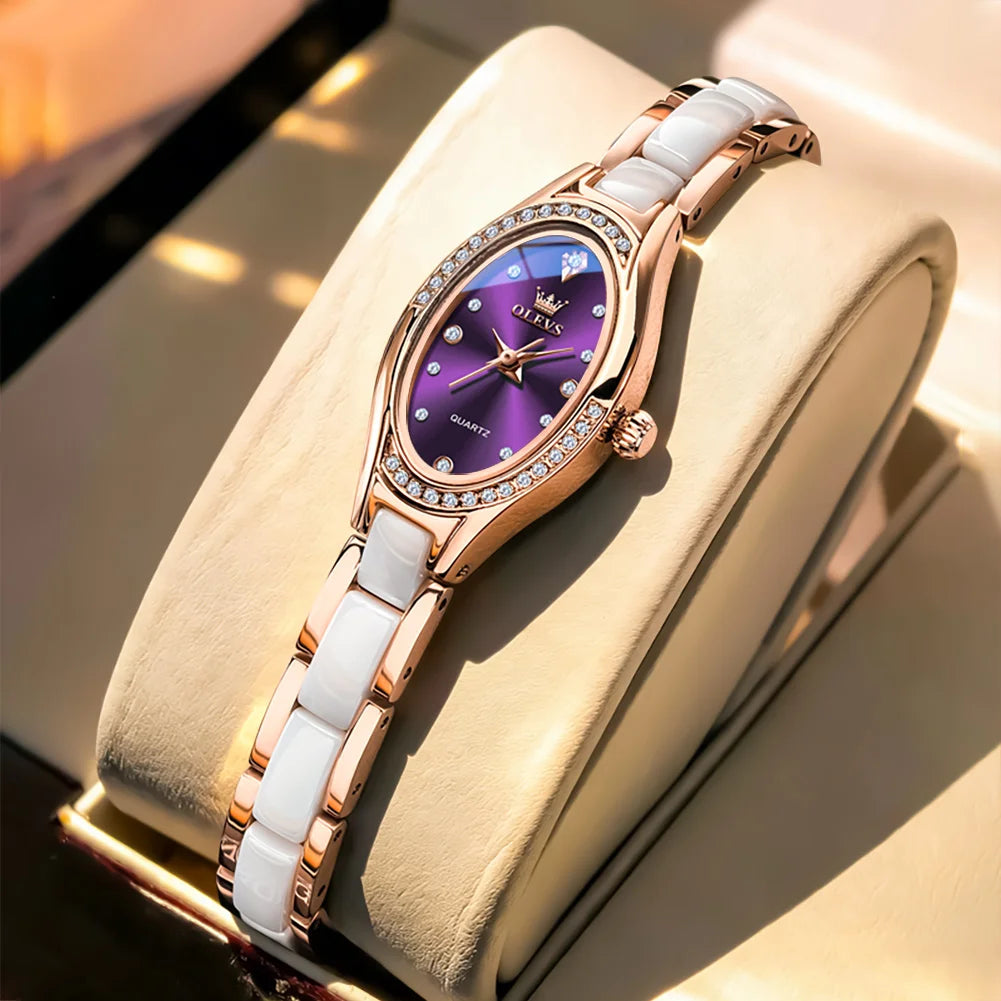 Reloj de cuarzo para mujer OLEVS 7131 con correa de porcelana, resistente al agua 30m, esfera con diamantes exquisitos y diseño elegante de moda