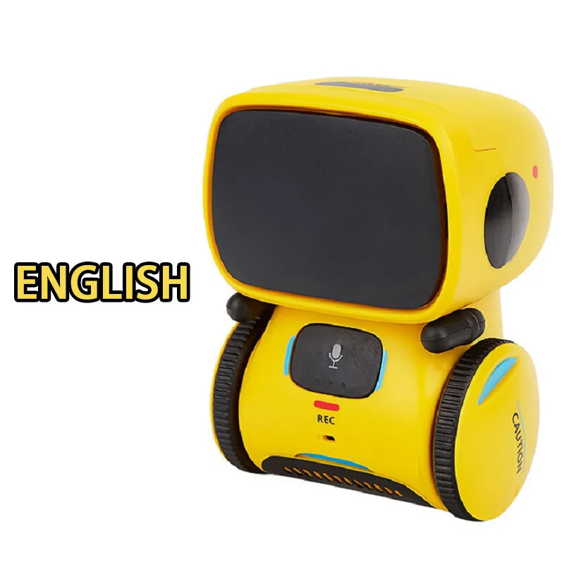 Robot educativo con pantalla oscura y cuerpo amarillo, con ruedas laterales negras