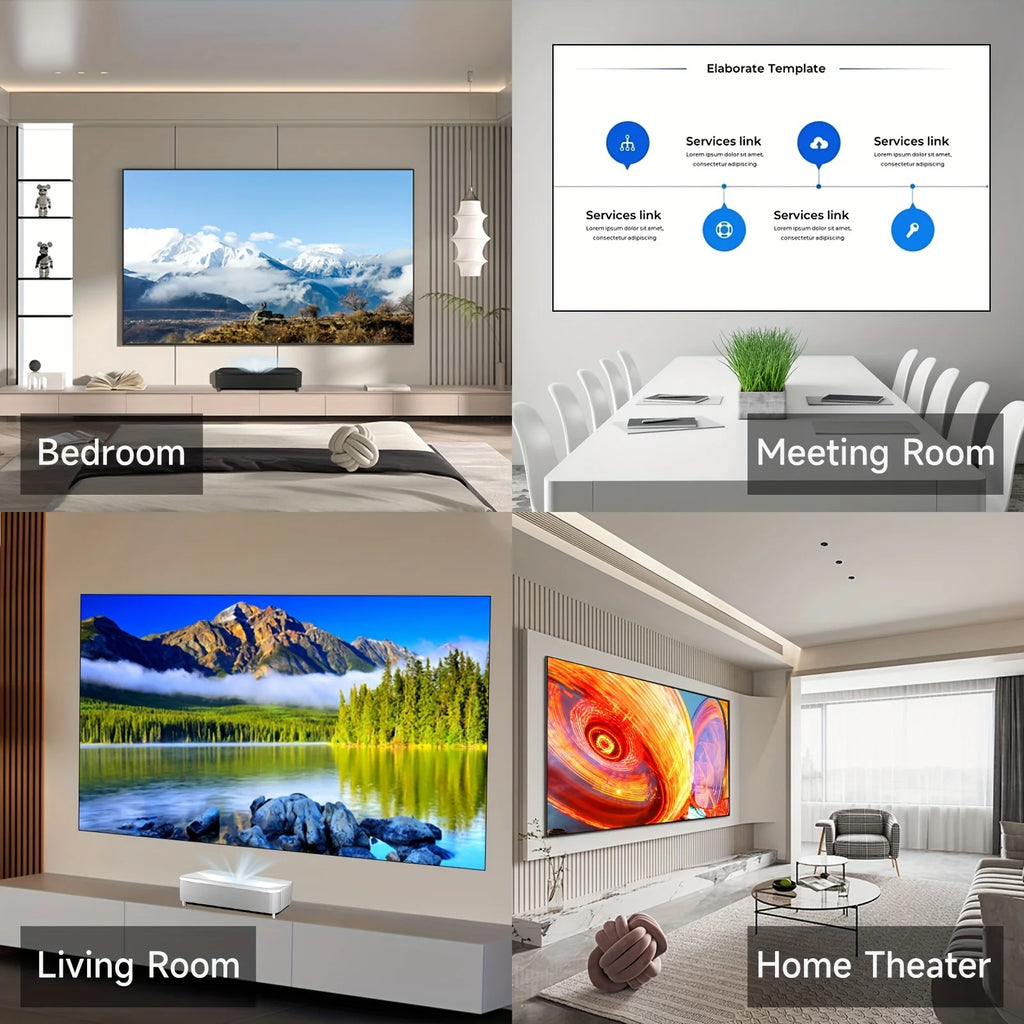 Pantalla de proyector portátil con marco negro y proyección en interior
