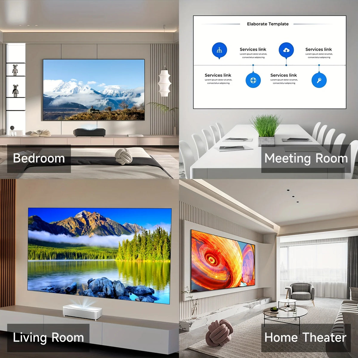 Pantalla de proyector portátil con marco negro y proyección en interior