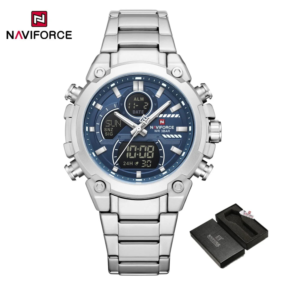 Nuevo reloj para hombre NAVIFORCE, resistente al agua, con cuenta regresiva, deportes, doble pantalla, reloj de pulsera de cuarzo, LCD, luminoso, alarma y reloj digital.