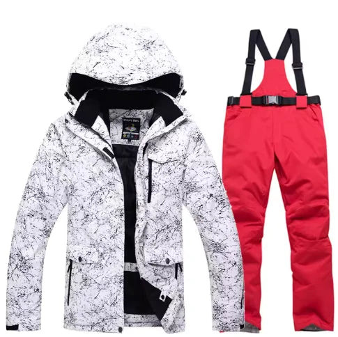 -30 Conjuntos de trajes de nieve blancos para hombres o mujeres Ropa de invierno al aire libre Ropa de snowboard Disfraces impermeables Chaqueta de esquí + Baberos de pantalón de nieve