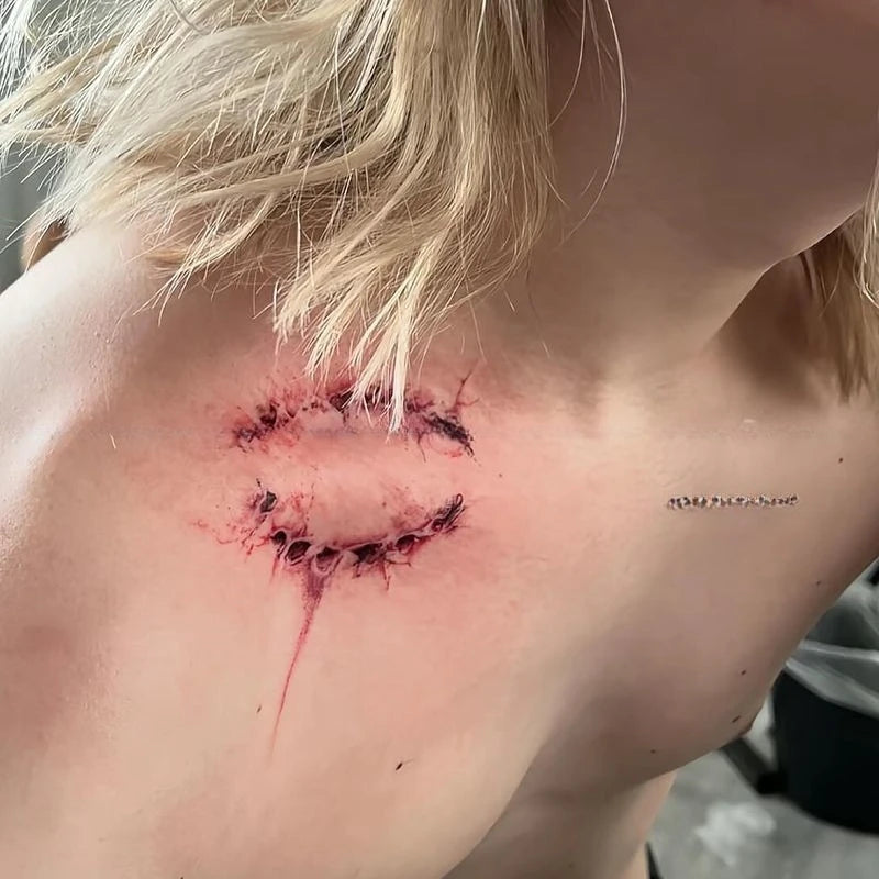 Tatuajes temporales de marca de mordida falsa roja para Halloween, cubierta de Cosplay, pegatina de tatuaje falso impermeable para cicatriz para mujer y hombre