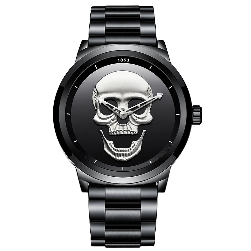 Reloj de cuarzo LIGE de marca de lujo para hombre, diseño creativo de calavera 3D esqueleto, acero inoxidable, deportivo, informal, resistente al agua + caja