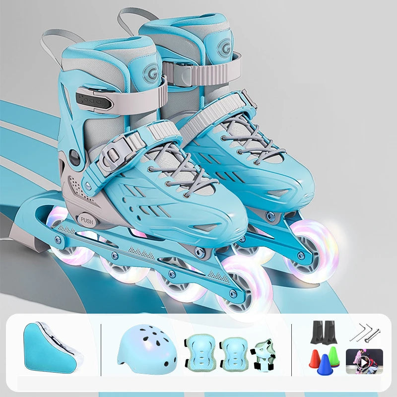 Patines en Línea con 4 Ruedas y Luces Intermitentes, con Juego Completo de Protección, Casco, Rodilleras, Coderas, Bolsa de Transporte, Talla Ajustable para Niños y Niñas