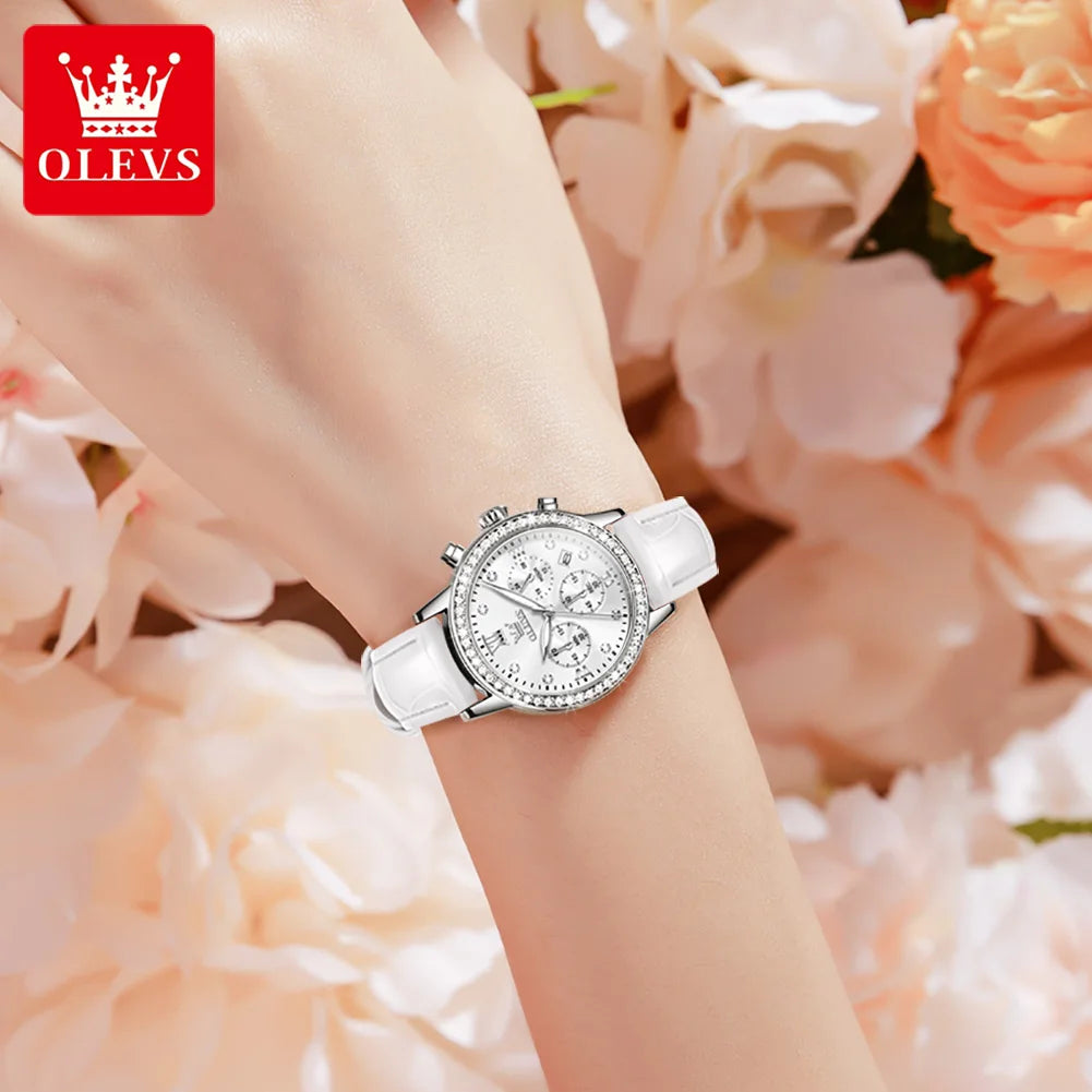 Reloj para mujer OLEVS 9933, marca de lujo, reloj de pulsera de cuarzo con diamantes, resistente al agua, luminoso, correa de cuero, reloj multifunción para dama