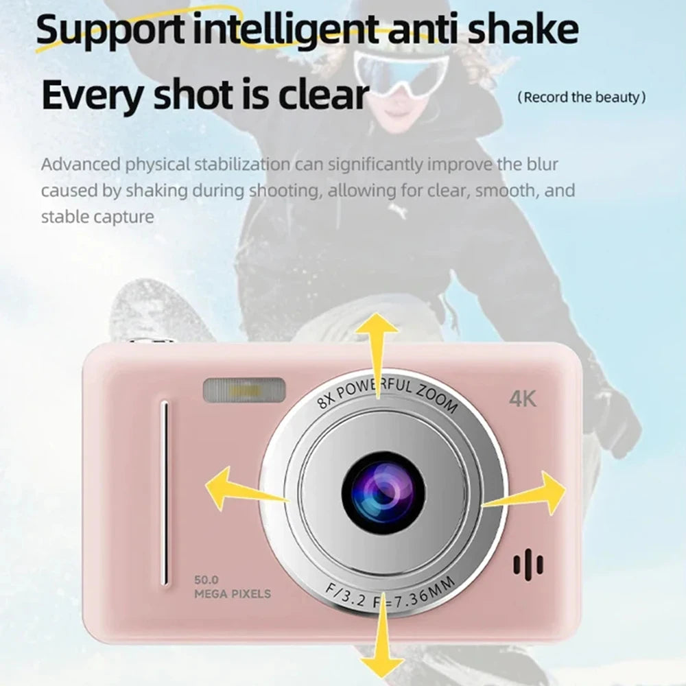 Cámara Digital 4K IPS HD de 50MP con CCD, Pantalla de 2.4 Pulgadas, Autoenfoque, Videocámara para Estudiantes, Cámara Dual 8X y Flash LED para Grabación de Video y Fotos