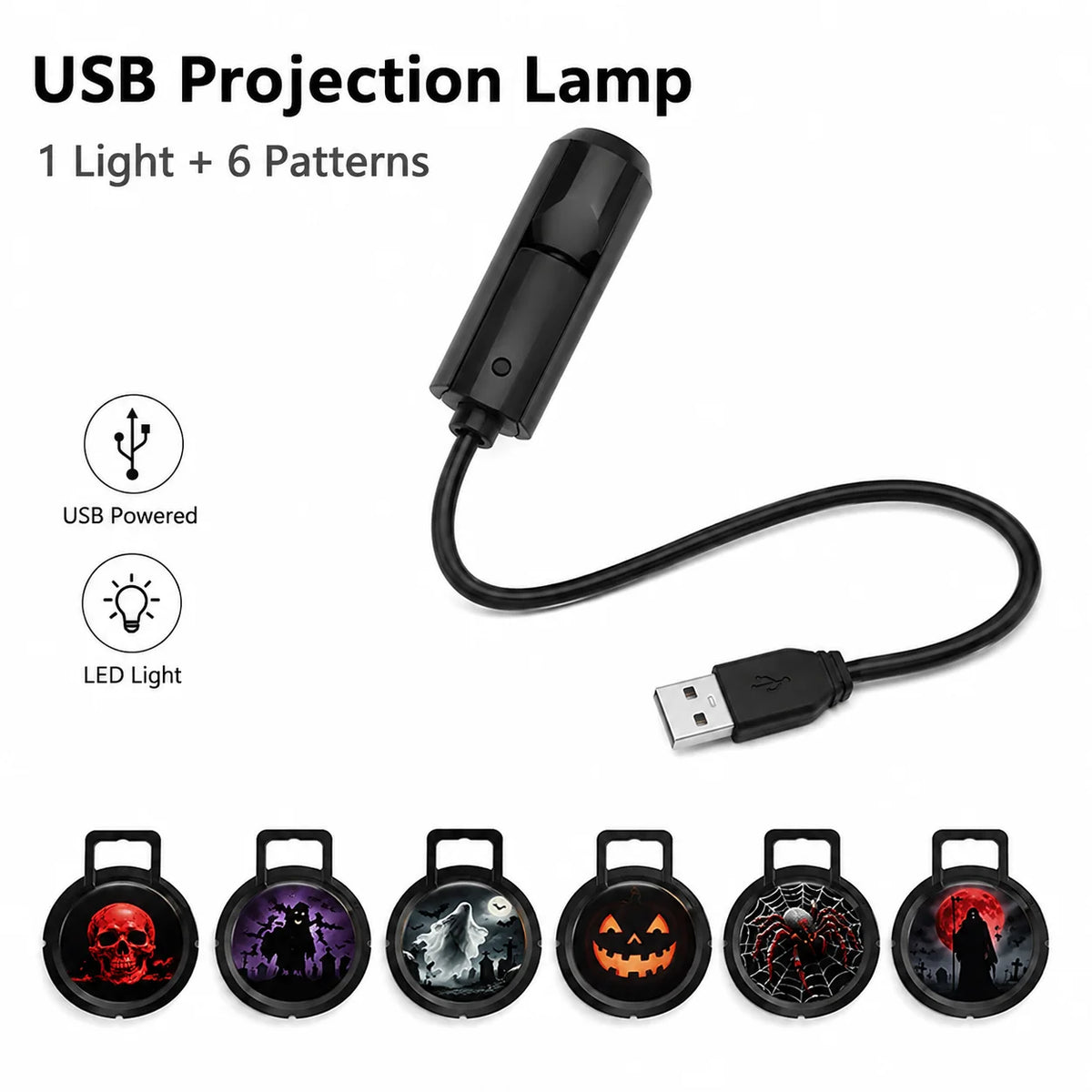 Halloween USB LED Projection Lamp with 6 Patterns Ghost Bat Skull Spider Projector Light for Party Room Window Decoration
