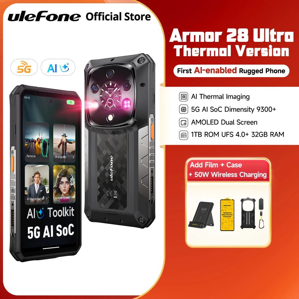 Teléfono resistente Ulefone Armor 28 Ultra 5G con cámara térmica, procesador MTK Dimensity 9300+, pantalla AMOLED, smartphone Android con 1 TB de ROM