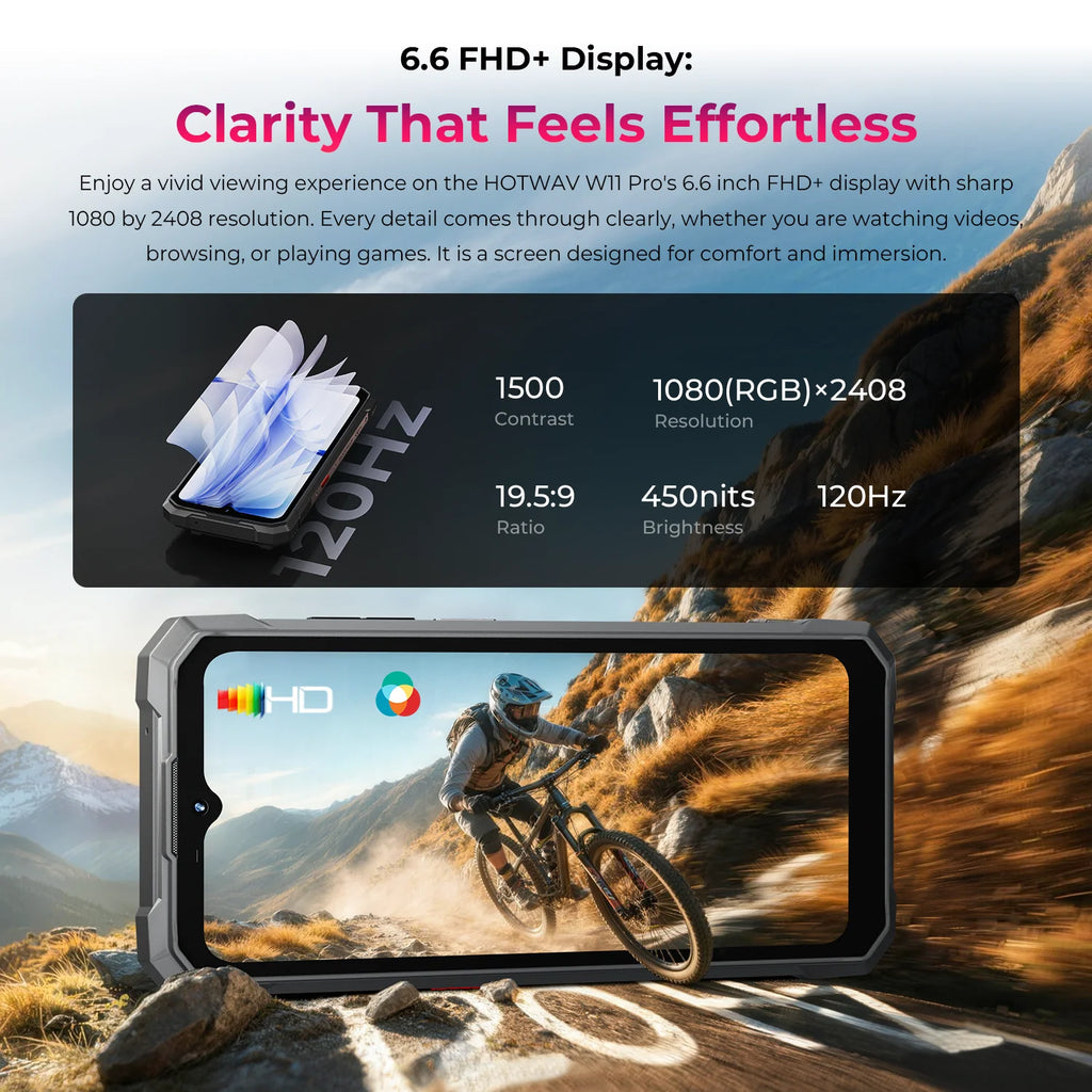 Teléfono móvil ultrarresistente HOTWAV W11 Pro 2026, 6.6'' FHD+ 120Hz, 20800mAh, 33W, 6GB 256GB, Smartphone con luz súper brillante para camping