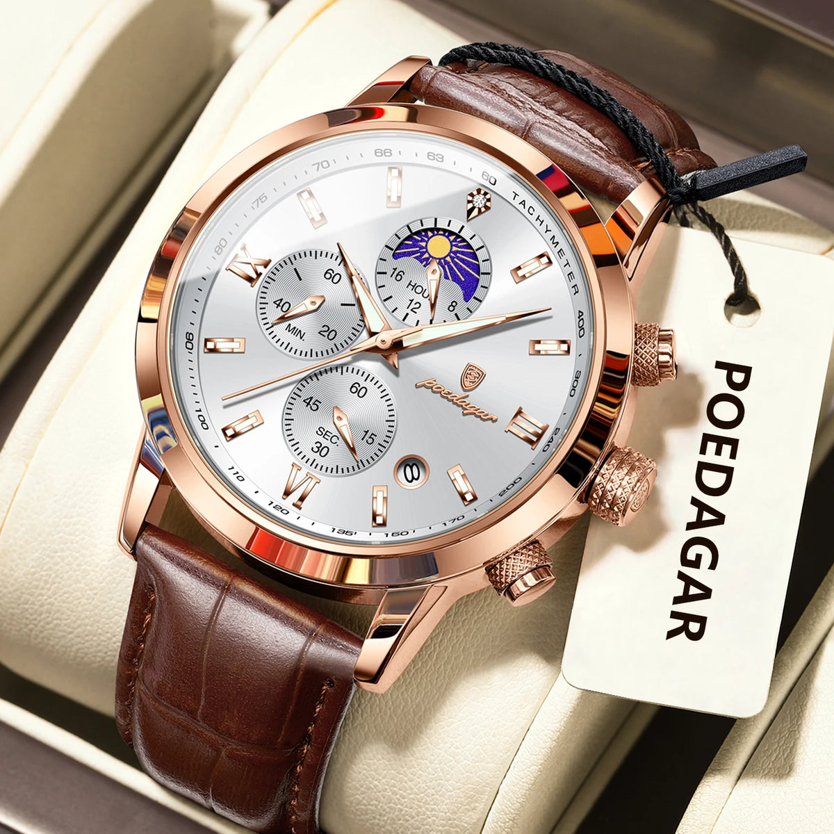 Reloj de pulsera original para hombre POEDAGAR, cronógrafo, con fecha, luminoso, resistente al agua, reloj de lujo de cuarzo con correa de piel para hombre
