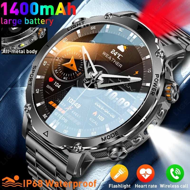 Reloj inteligente militar LIGE para hombre, batería ultraduradera de 1100 mAh, resistente al agua 10ATM, frecuencia cardíaca, linterna, pulsera deportiva, reloj inteligente para hombre y mujer