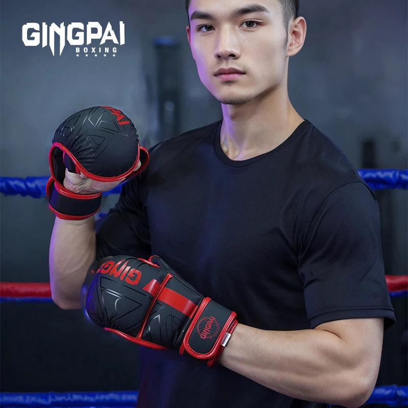 GINGPAI-guantes de boxeo profesionales MMA, Sanda, medio dedo, lucha, Muay Thai, mujeres, hombres, niños, entrenamiento, saco de arena para adultos