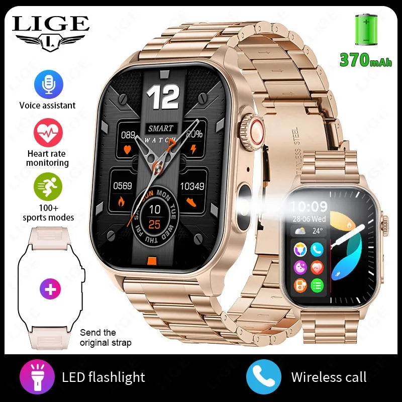 LIGE 2026 New Women Smart Watch Flashlight 2.01” HD Display AI Voice Bluetooth Call Sports Watches Health Monitor Smartwatch Men