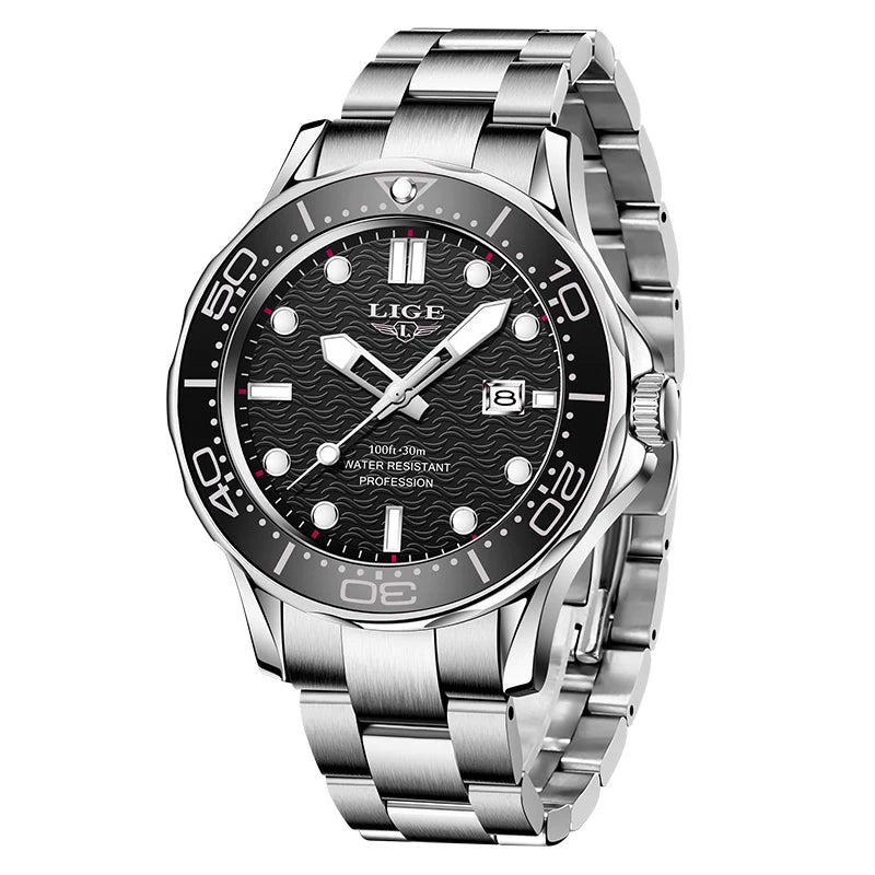 LIGE Nuevo Reloj de Negocios para Hombre, Reloj de Buceo de Lujo de Marca Superior en Azul para Hombre, Reloj Deportivo Impermeable con Fecha, Relogio Masculino, con Caja