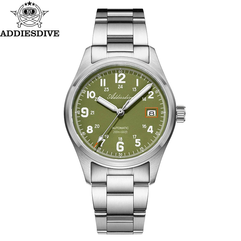 Reloj automático para hombre ADDIESDIVE NH35, reloj de lujo con cristal de zafiro, correa de cuero o acero inoxidable, luminiscencia BGW9 y resistencia al agua de 200 m