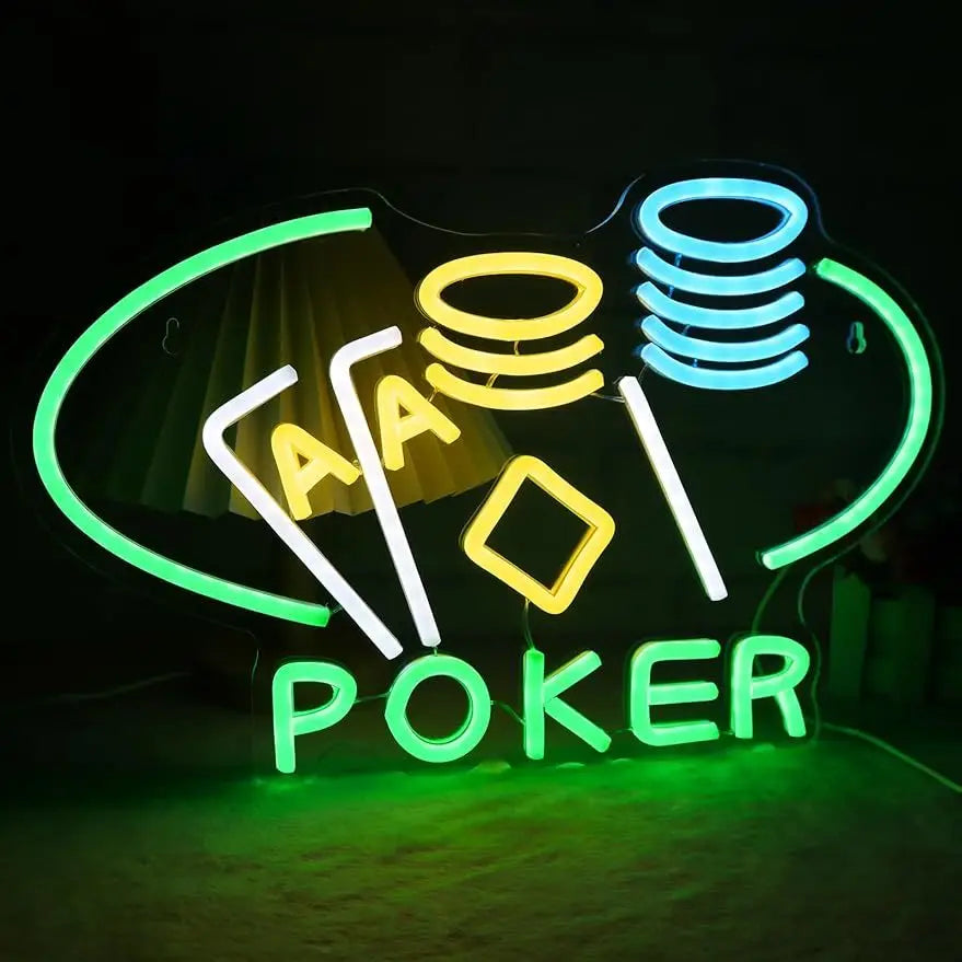 Letrero neón LED de póker con texto «POKER», fichas y cartas, luz verde y azul