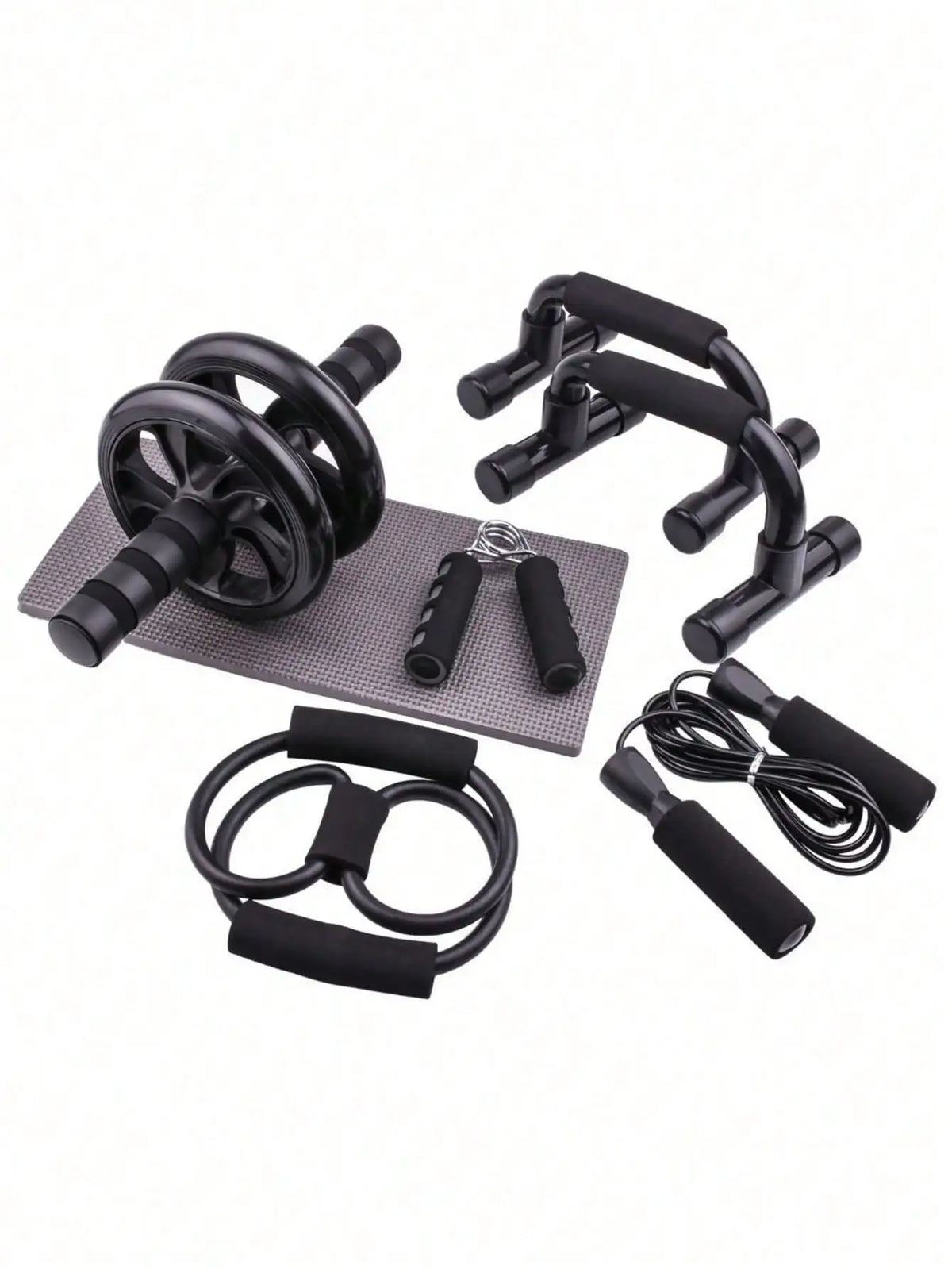 Set de Entrenamiento Portátil de 7 Piezas para el Hogar, Cuerda para Saltar, Agarrador de Mano, Barras para Flexiones, Rodillo Abdominal para Entrenamiento Muscular de Cuerpo Completo
