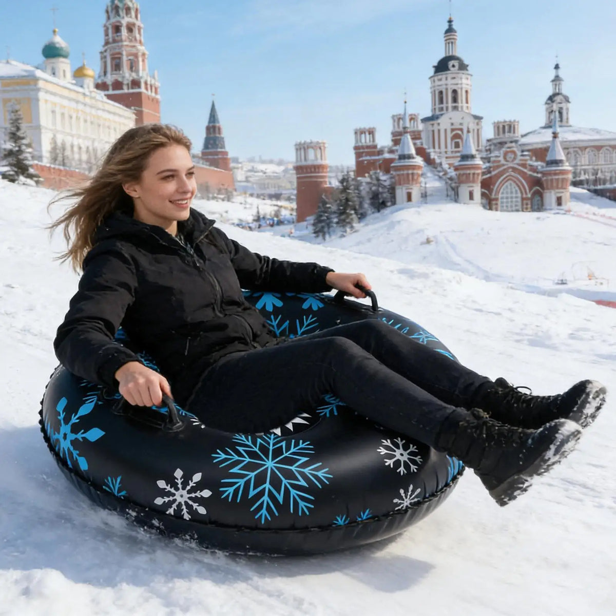 Tubo de nieve inflable, anillo de remolque para deportes al aire libre para adultos, tabla de esquí de PVC engrosada con forma de copo de nieve, trineo de nieve en forma de donut, equipo de trineo