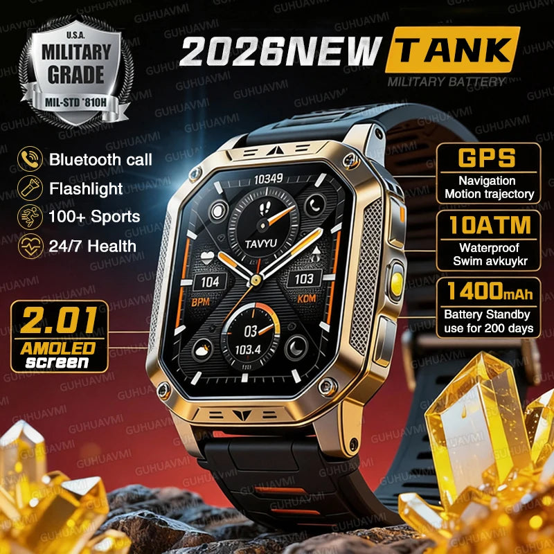 Reloj inteligente militar 2026 TANK, nuevo, 1400 mAh, GPS, pantalla AMOLED de 2.01", resistente al agua 10ATM, reloj, llamada SOS, linterna, para hombre, compatible con iOS