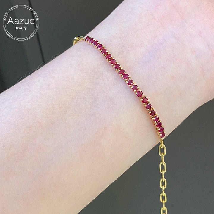 Aazuo, joyería fina, oro amarillo de 18 quilates, rubí natural, pulsera clásica con líneas de tenis para mujer, elegante y moderna, para fiesta de compromiso