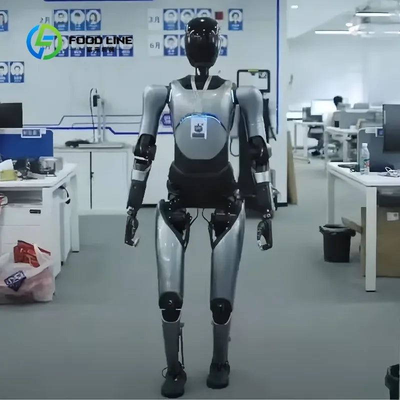 Robot humanoide blanco con panel azul, brazos robóticos en posición de caminata.