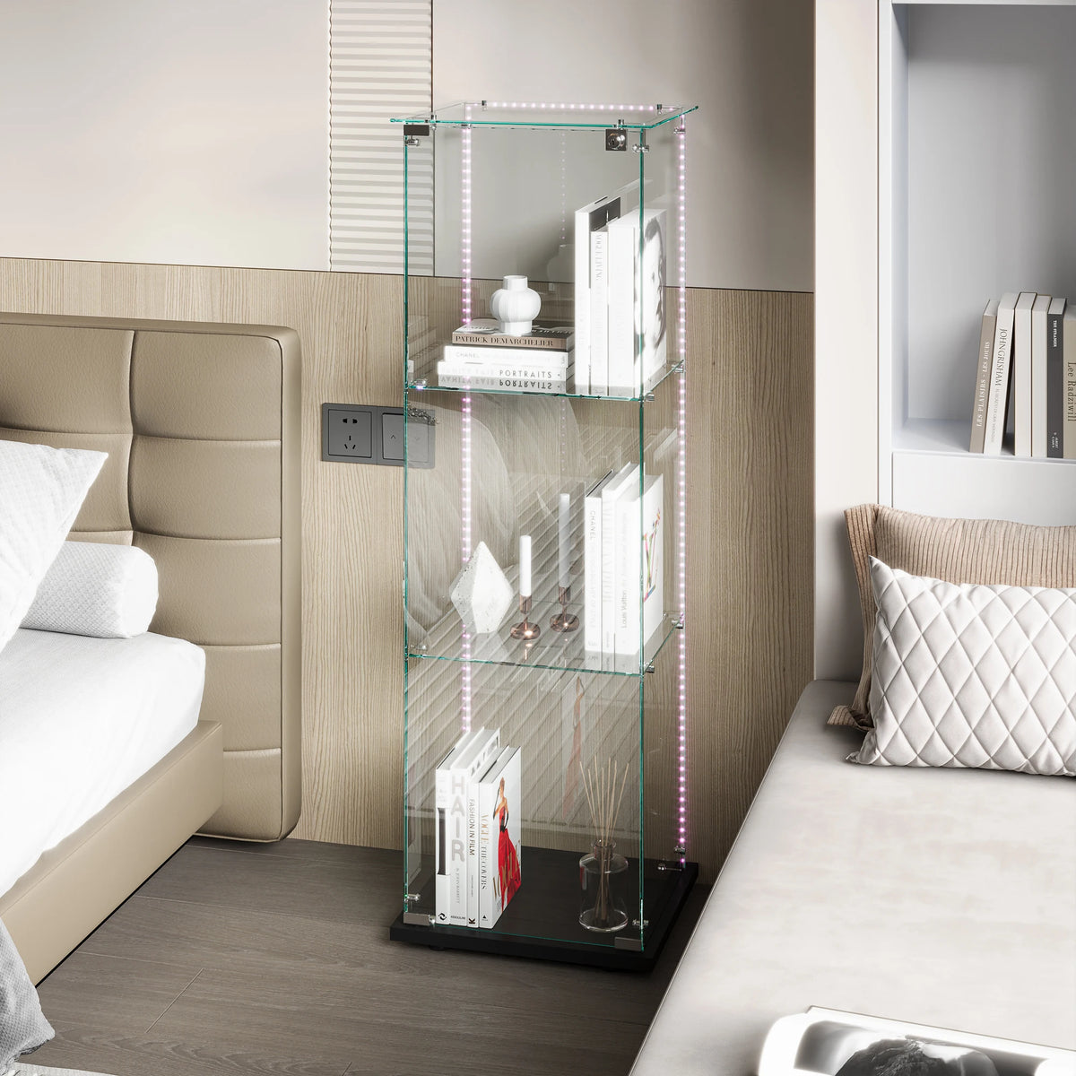 Vitrina de cristal con iluminación LED, vitrina de pie con 3 estantes de cristal y 2 puertas de cristal, con cerradura, vitrina para sala de estar, oficina, coleccionables, libros, vino, blanco