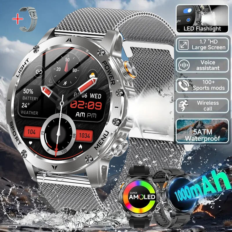 Reloj inteligente deportivo para exteriores con GPS 2026, pantalla AMOLED para hombre, linterna LED, frecuencia cardíaca, resistente al agua, llamada Bluetooth, 1000 mAh