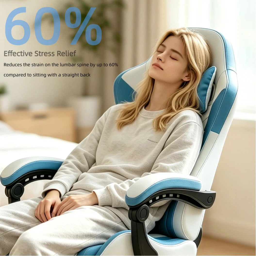 Silla gaming ergonómica azul y blanca con reposapiés y respaldo reclinable