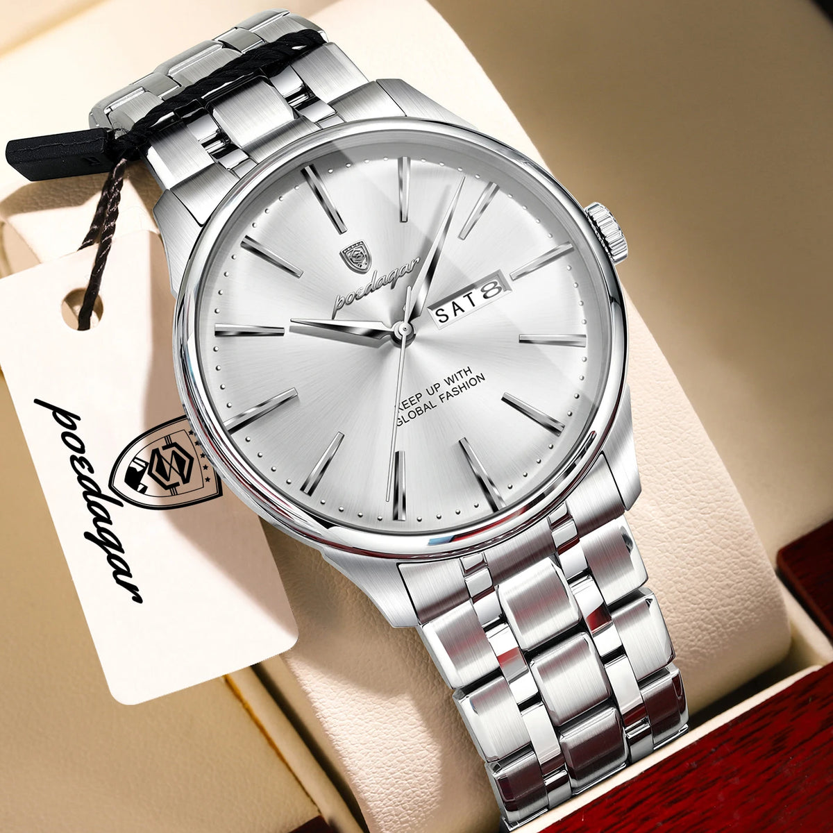 POEDAGAR Business Male Watch Fashion Waterproof Stainless Steel Men's Wristwatch Date Week Quartz Elegant Watches For Men Reloj