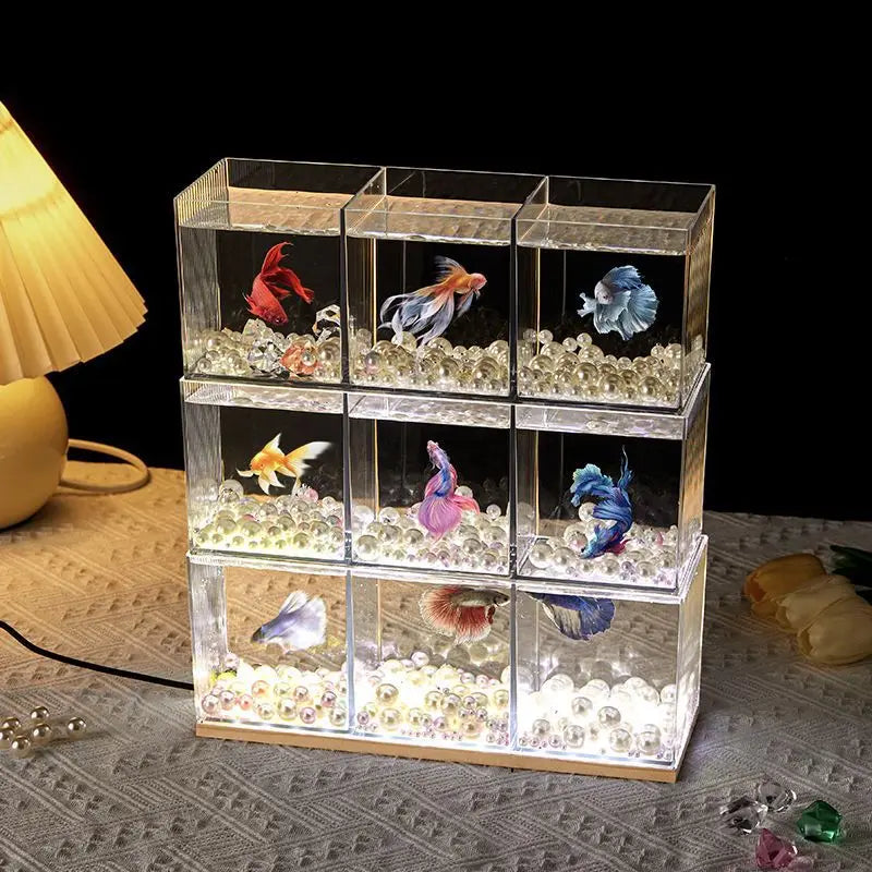 Acuario decorativo de acrílico para peces de pelea, pecera pequeña, acuario de escritorio transparente, acuario creativo de múltiples compartimentos para bricolaje