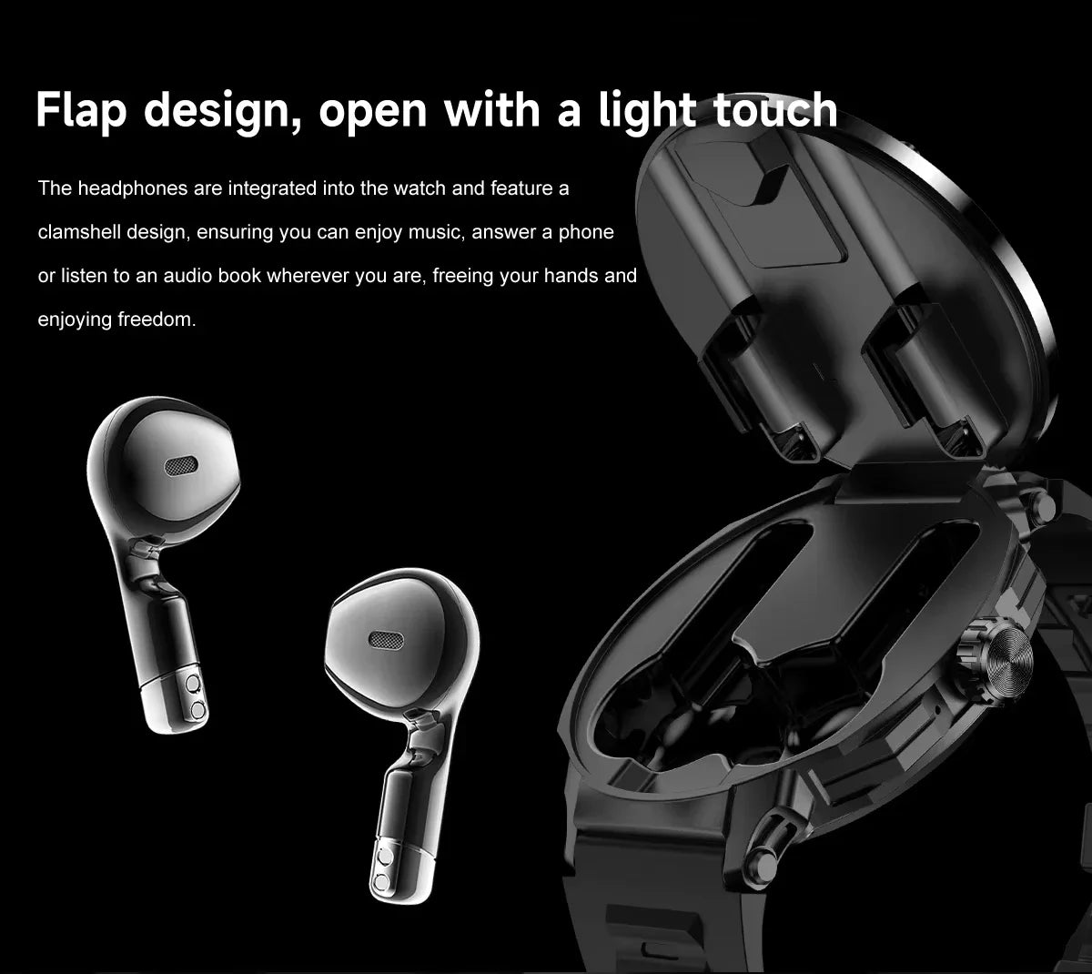 Smartwatch militar para hombre con auriculares inalámbricos integrados, acceso a puertas NFC, monitor de frecuencia cardíaca, reloj inteligente deportivo para iOS y Android