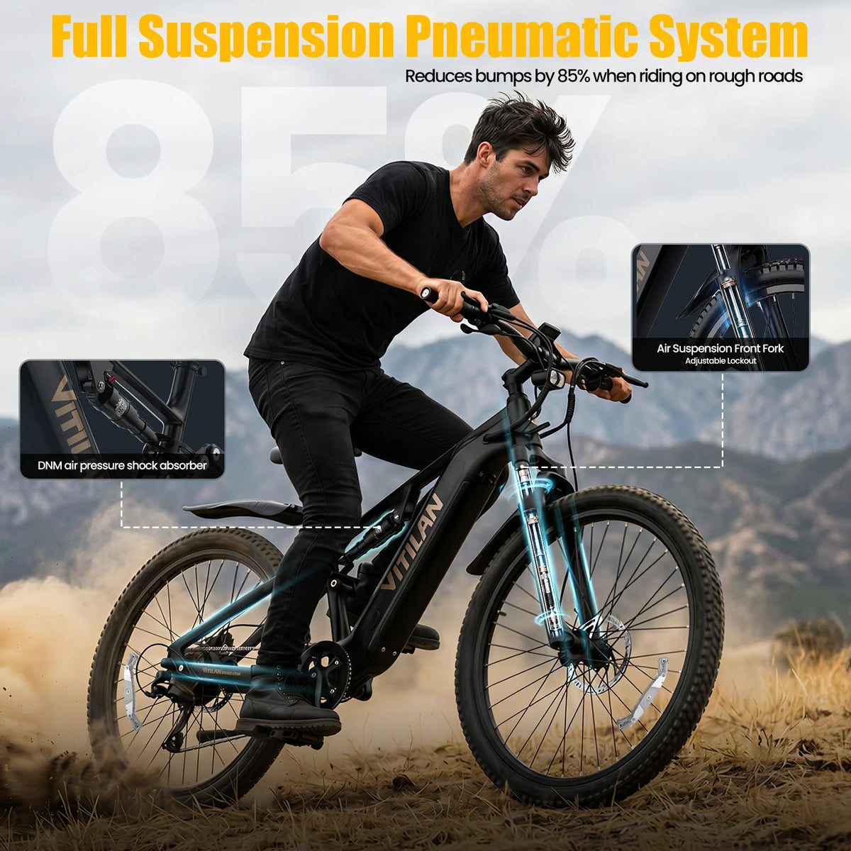 Bicicleta eléctrica Vitilan M5 de 1000W, 48V 15Ah, sensor de par de 90-100Nm, neumáticos de 27.5*2.8 pulgadas, cuadro de aluminio, 9 velocidades, para viajes al aire libre, adultos