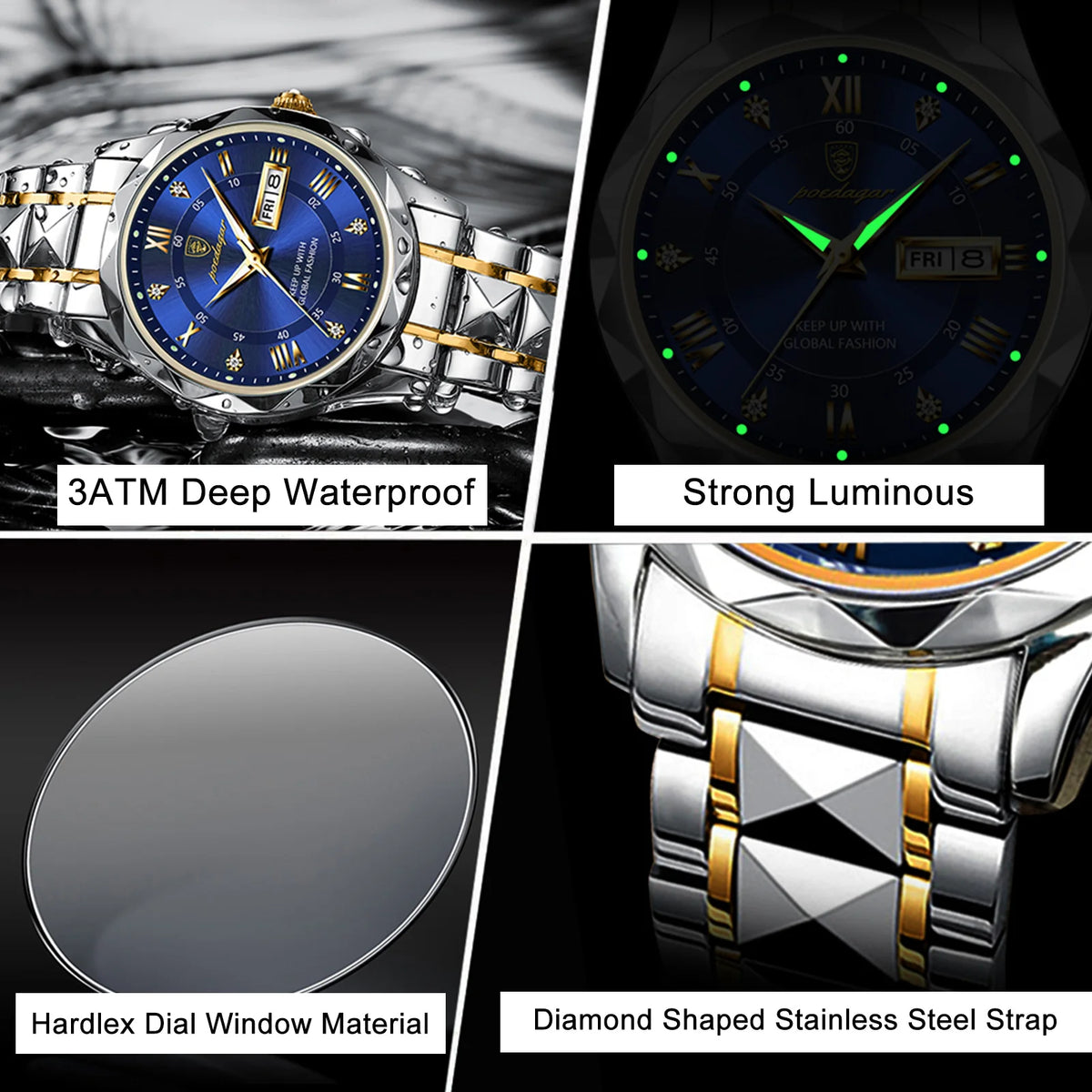 POEDAGAR Business Luxury Men's Watches Waterproof Stainless Steel Luminous Man Wristwatch Date Week Sport Men Quartz Watch Reloj