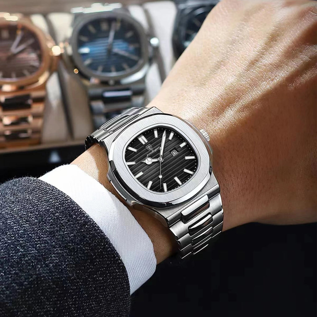 Reloj de pulsera de lujo para hombre POEDAGAR, cuadrado, con fecha, luminoso, resistente al agua, de acero inoxidable, reloj de cuarzo para hombre, estilo deportivo y de negocios