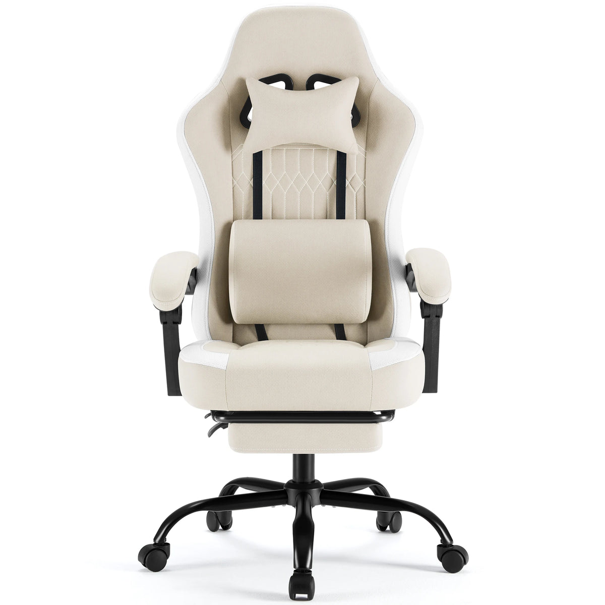 Silla de oficina ergonómica beige con reposacabezas, soporte lumbar y reposabrazos