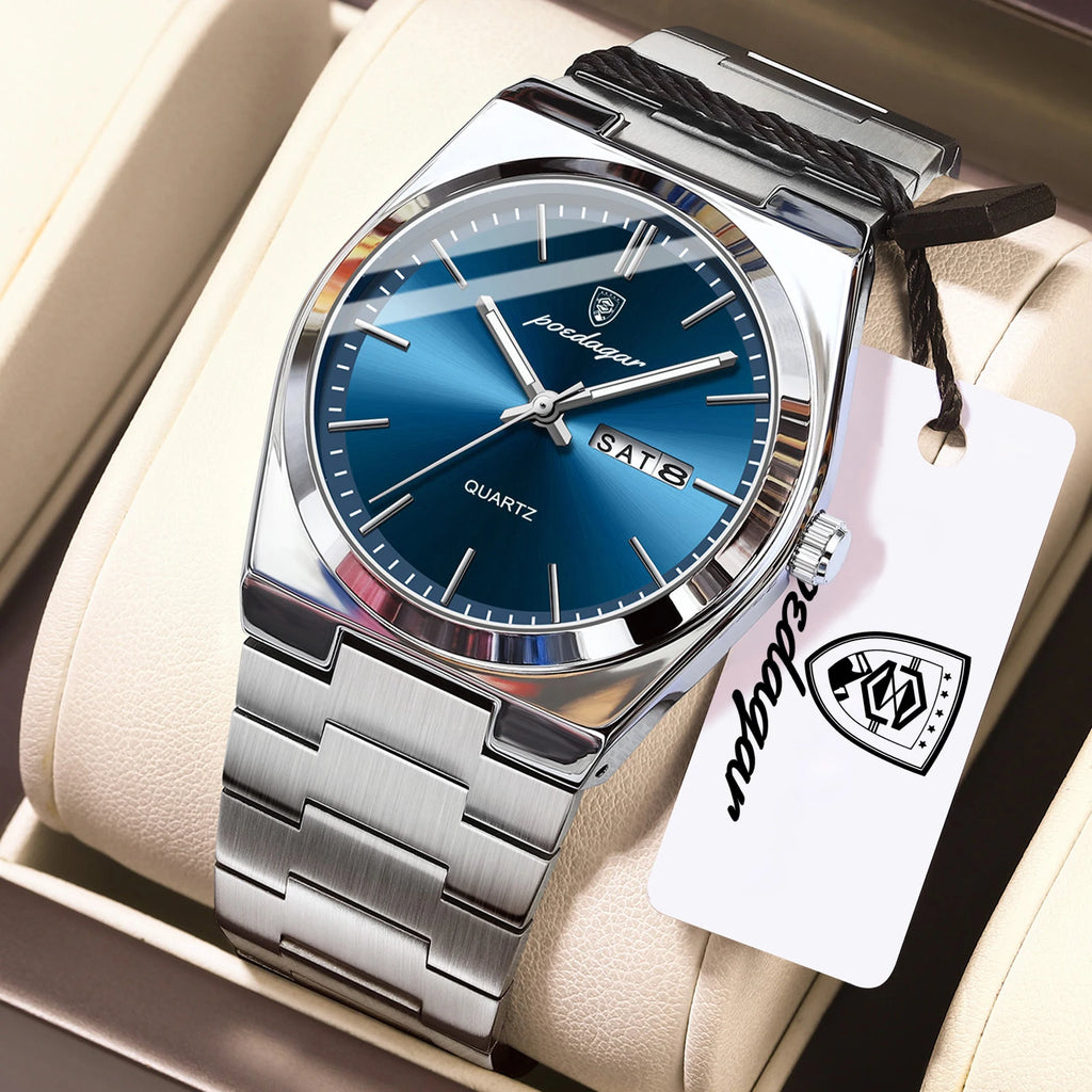 Reloj de pulsera de cuarzo para hombre POEDAGAR, moda de lujo, casual, luminoso, resistente al agua, de acero inoxidable, con indicador de fecha y día