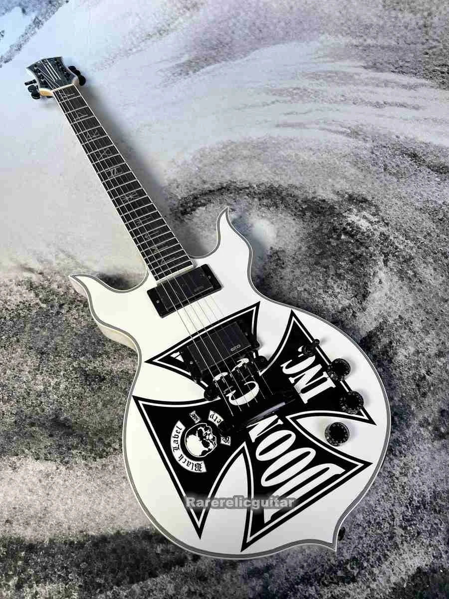 Guitarra eléctrica personalizada de 6 cuerdas, color blanco, Wylde Audio Doom Crew Inc., herrajes negros, pastillas EMG activas de China, caja de batería de 9V.