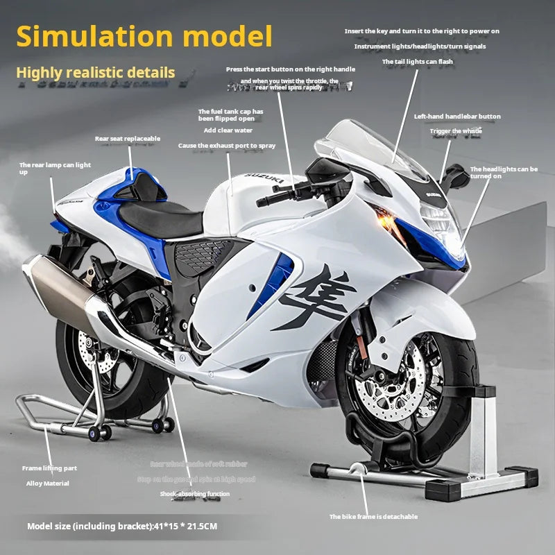 Large 1:6 Suzuki Hayabusa Super Sport Motorcycle Remote Start Alloy Simulation Sprayable Locomotive Pull Back Model Ornament