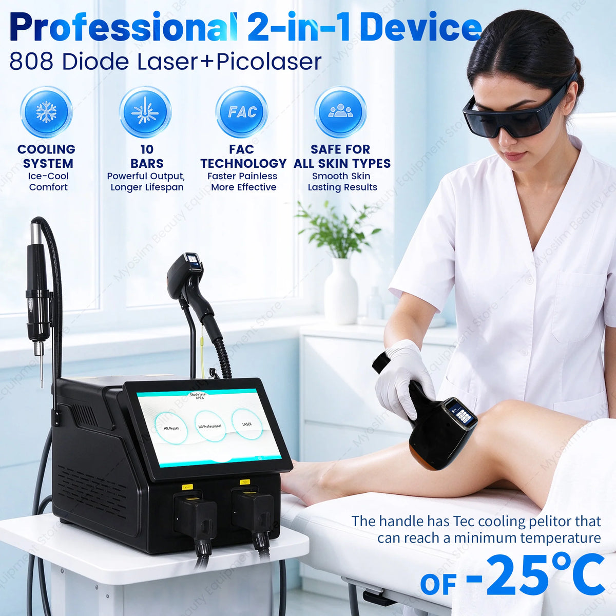 Máquina de Depilación Láser de Diodo FAC 2 EN 1, Láser de Picosegundos 755 808 810 830 940 1064nm, Enfriamiento por Hielo, Eliminación de Tatuajes, Manchas y Pigmentos