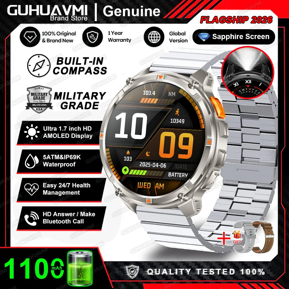 Reloj inteligente militar T-Rex3 Pro 2026, batería de 1100 mAh, GPS, resistente al agua 5ATM, rastreador deportivo de carrera, brújula para exteriores