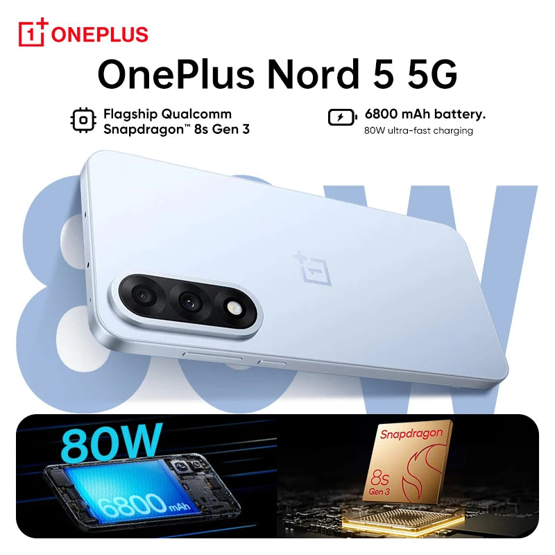 Smartphone versión global OnePlus Nord 5 5G 8GB+256GB 12GB+512GB Snapdragon 8s Gen 3 Android 15 6800 mAh 80W Wi-Fi 6 NFC