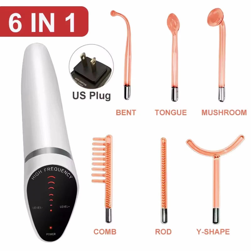 Varita de electrodo de alta frecuencia 6 en 1 con tubo de vidrio de electroterapia de neón, eliminador de acné, cuidado de la piel, dispositivo de belleza para peluquería facial