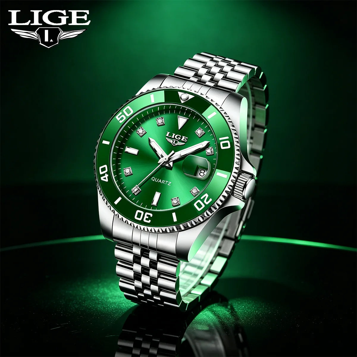 LIGE Fashion Man Watch Diamond Dial Business Watch Waterproof Calendar Butterfly Double Snap Stainless Steel Mens Watch Reloj