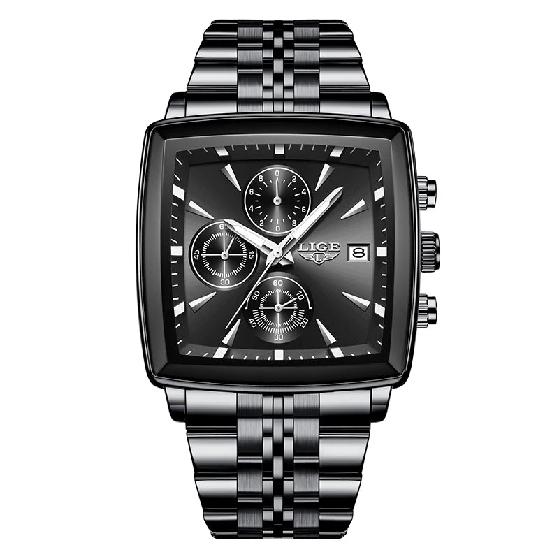 Relojes de lujo LIGE para hombre, esfera cuadrada, acero inoxidable, resistente al agua, luminoso, fecha automática, cronógrafo, reloj de cuarzo para hombre + caja