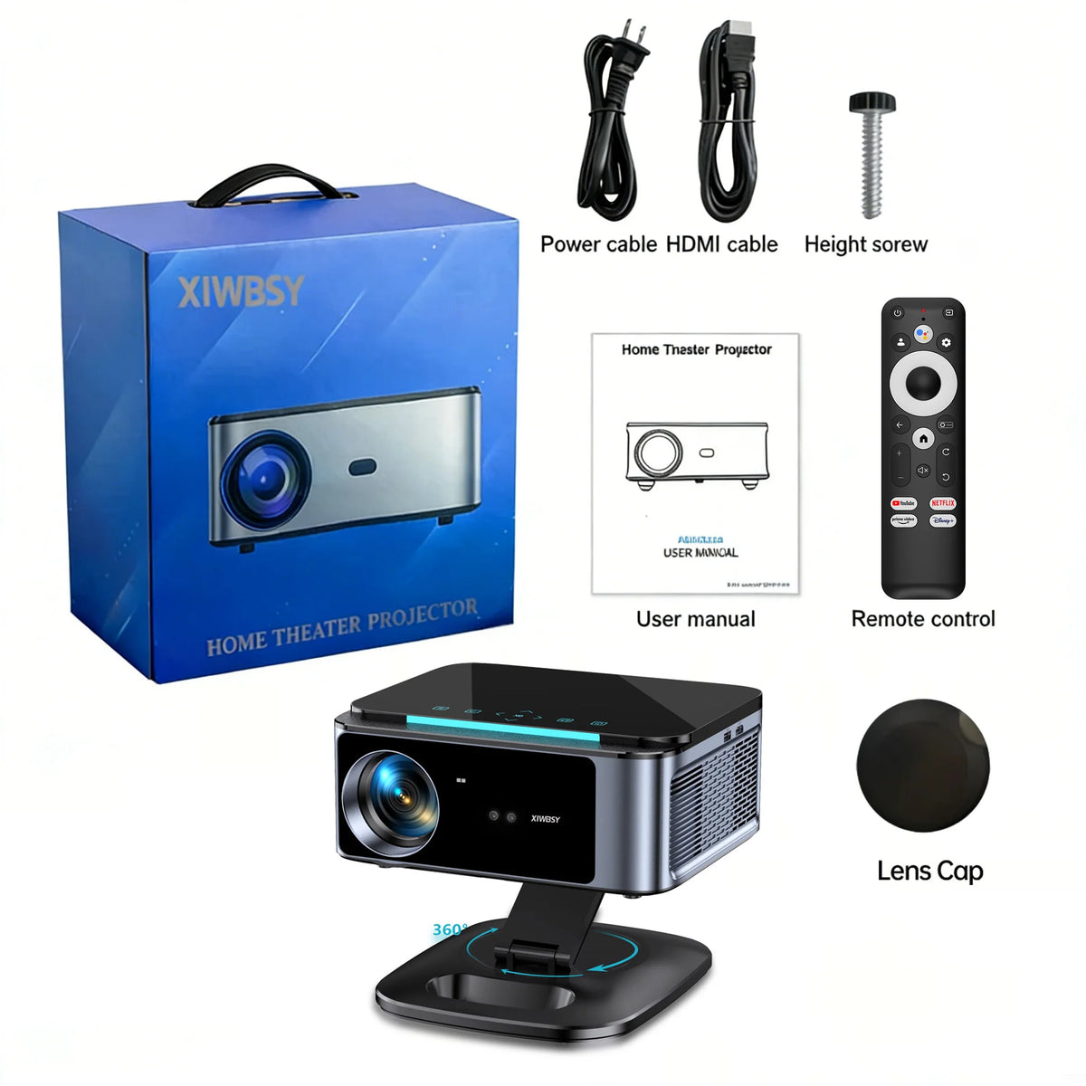 Juego de proyector: caja, control remoto, manual y tapa de lente, cables incluidos