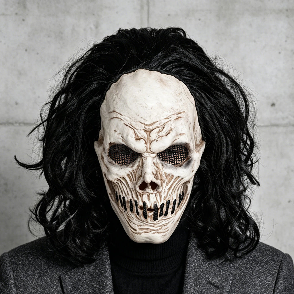 Máscara de Calavera de Pelo Largo Negro, Perfecta para Fiestas, Bromas de Halloween, Bailes de Máscaras y Fiestas de Carnaval, Hecha de Látex, Suave y Duradera